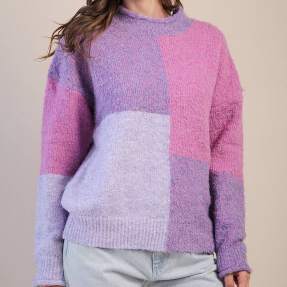 Very J ECO Oversized Purple Color Block Cozy Knit Sweater Top - Picture 6 of 7